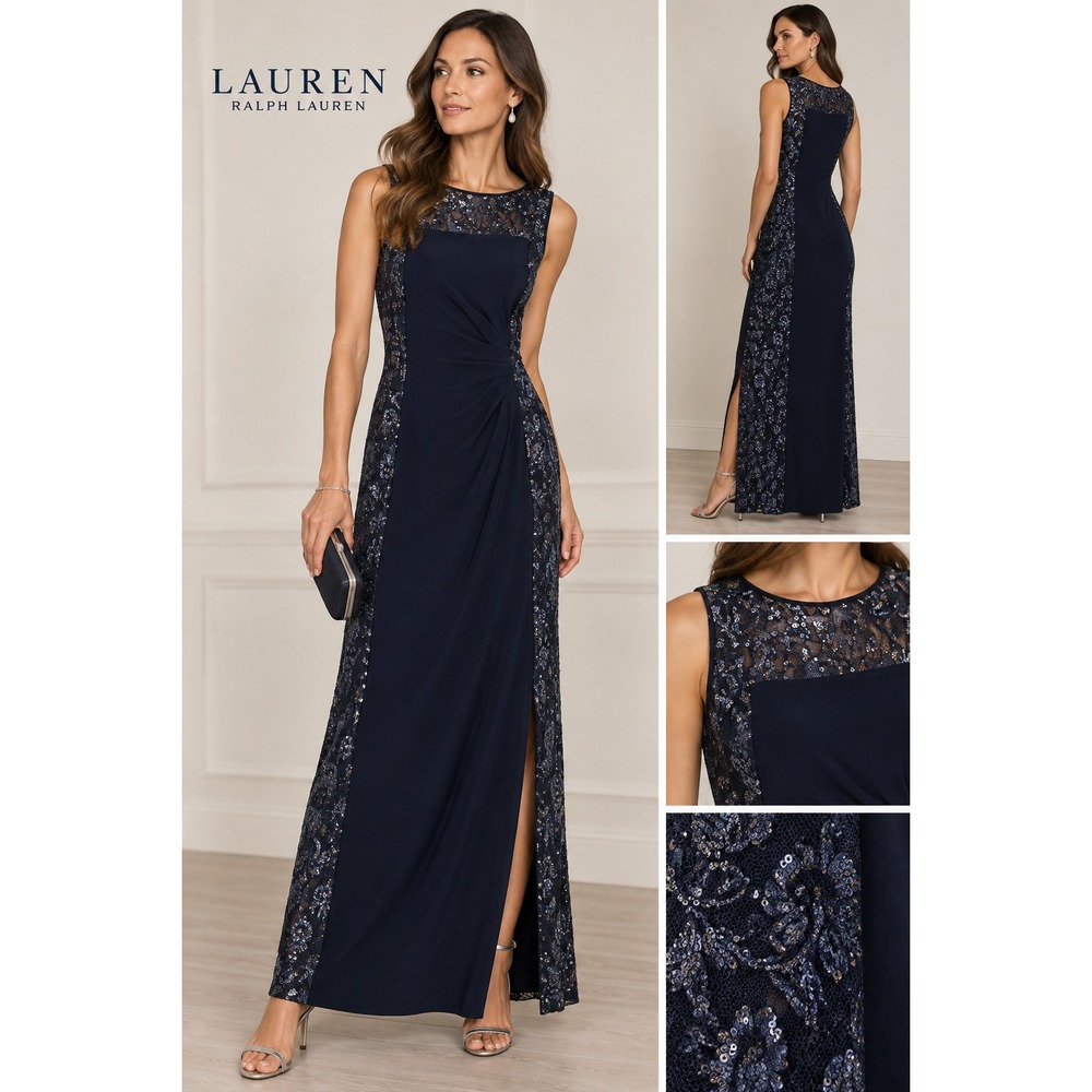 Ralph Lauren Evening Navy Blue Shirred Stretch Nude Lace Sequined Formal Dress14